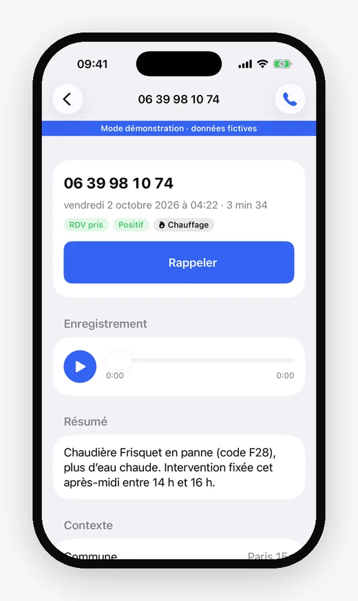 AlloMap iPhone app call detail with recording and summary