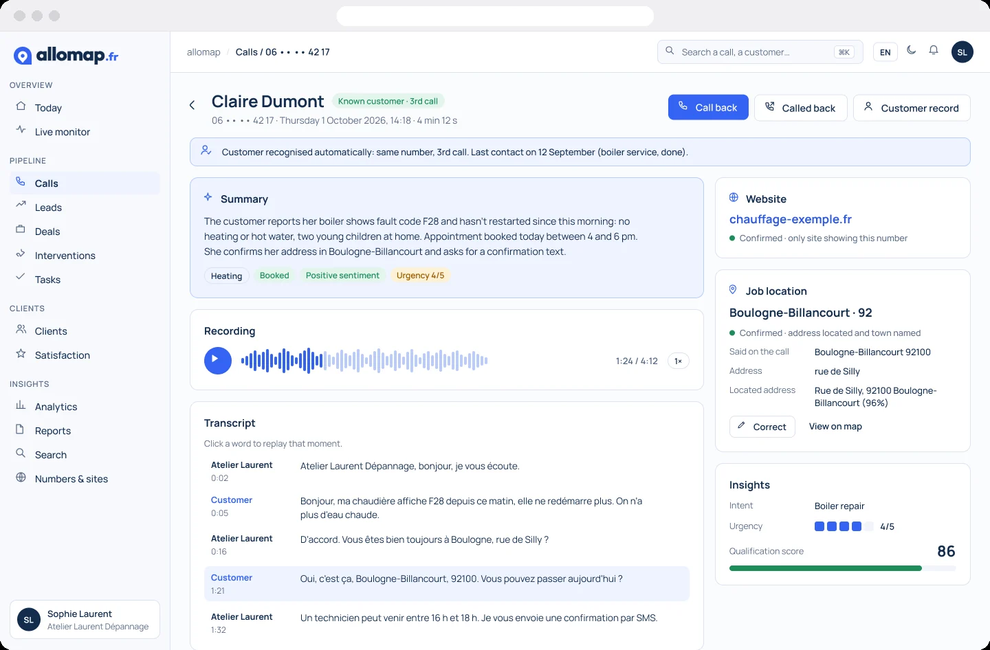 AlloMap call record with summary, transcript, source website and job location