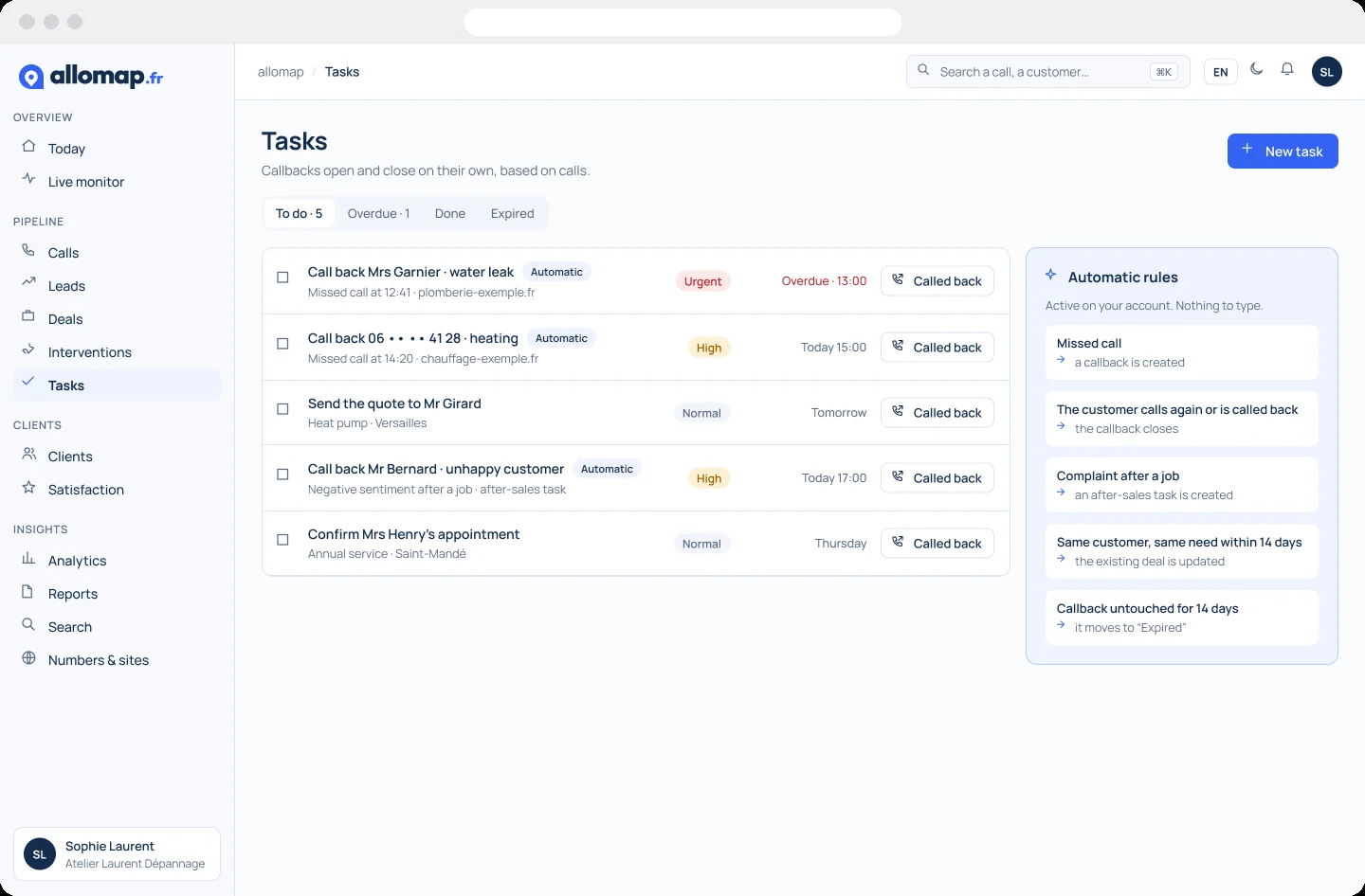 AlloMap tasks with automatic callbacks and rules