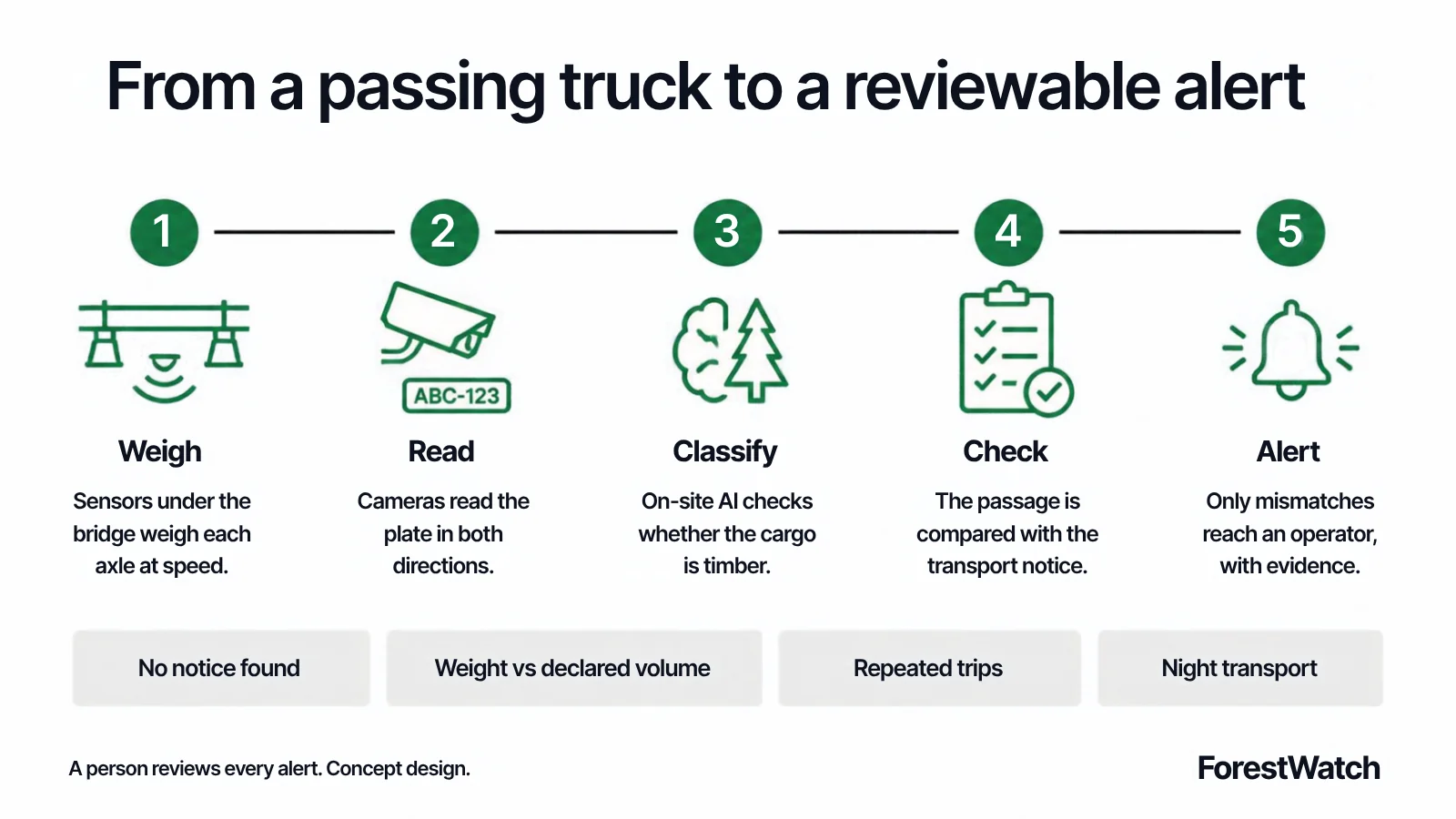 Flow: weigh, read, classify, check, alert, with the four alert rules