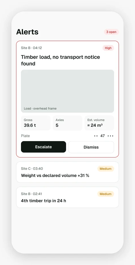 ForestWatch mobile concept: alerts list with evidence frame, weight and escalate or dismiss