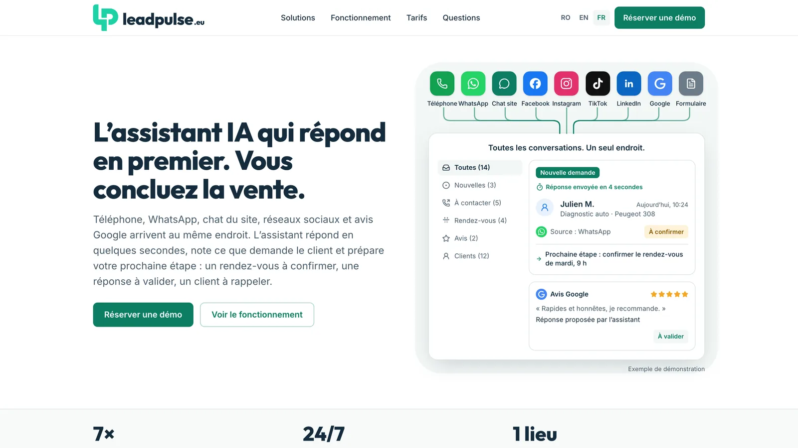 leadpulse.eu : tous les canaux dans une seule liste, avec une nouvelle demande WhatsApp traitée en 4 secondes et une réponse à un avis Google à valider, sur données de démonstration