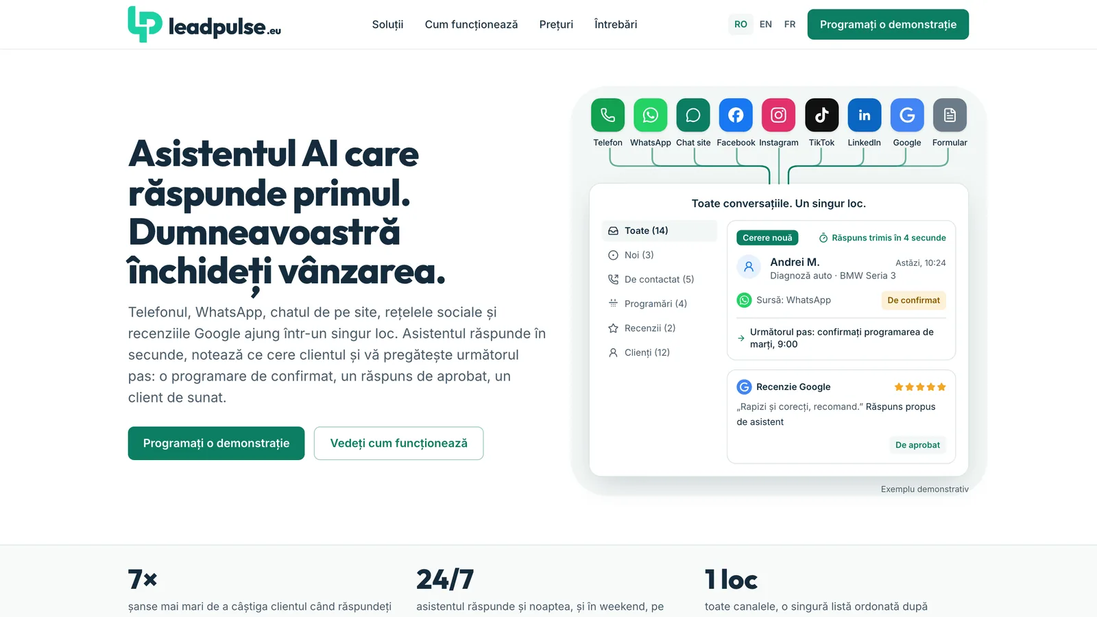 leadpulse.eu: toate canalele într-o singură listă, cu o cerere nouă pe WhatsApp la care s-a răspuns în 4 secunde și un răspuns la o recenzie Google de aprobat, pe date demonstrative