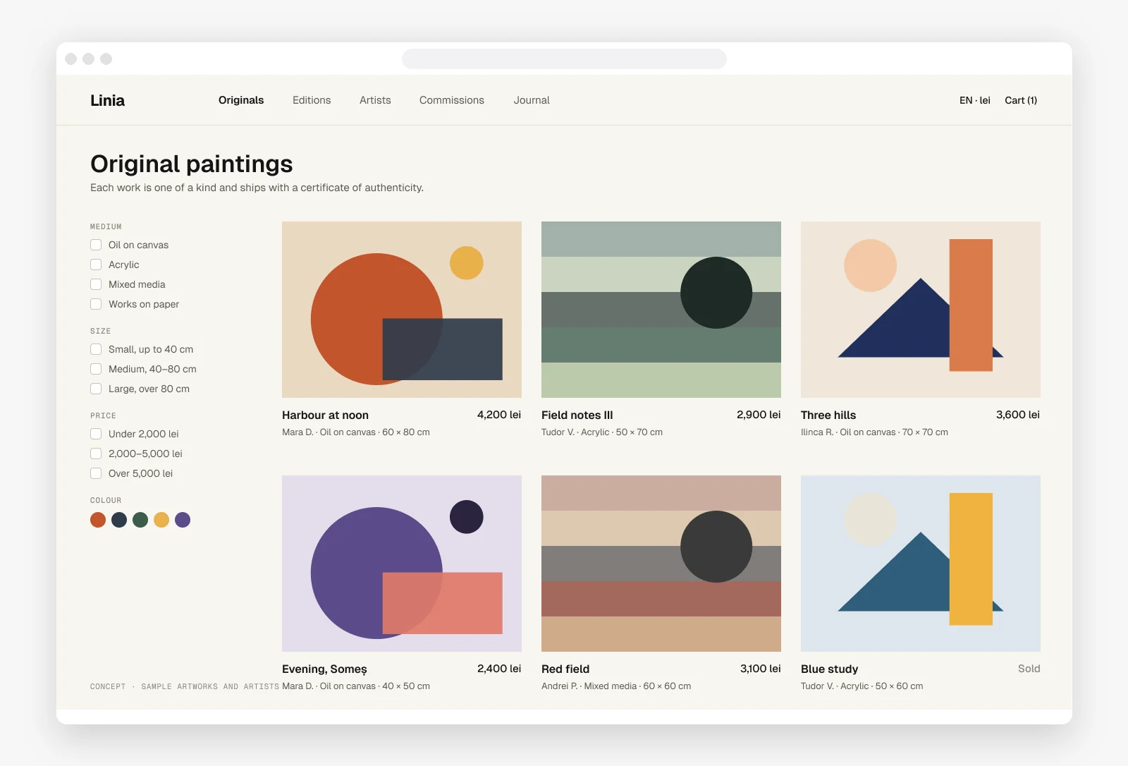 Linia catalogue concept with filters and six sample artworks