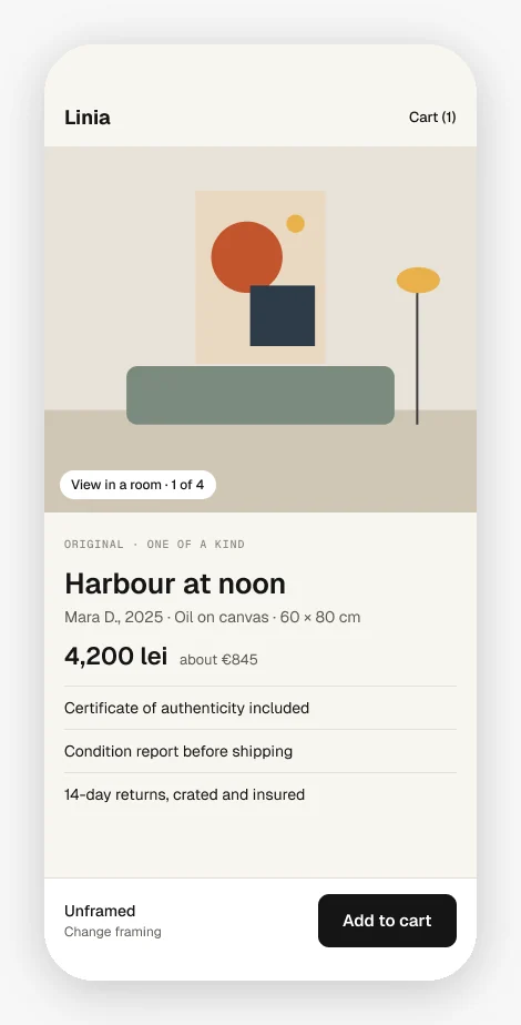 Linia mobile artwork page showing the work in a room, price and add to cart