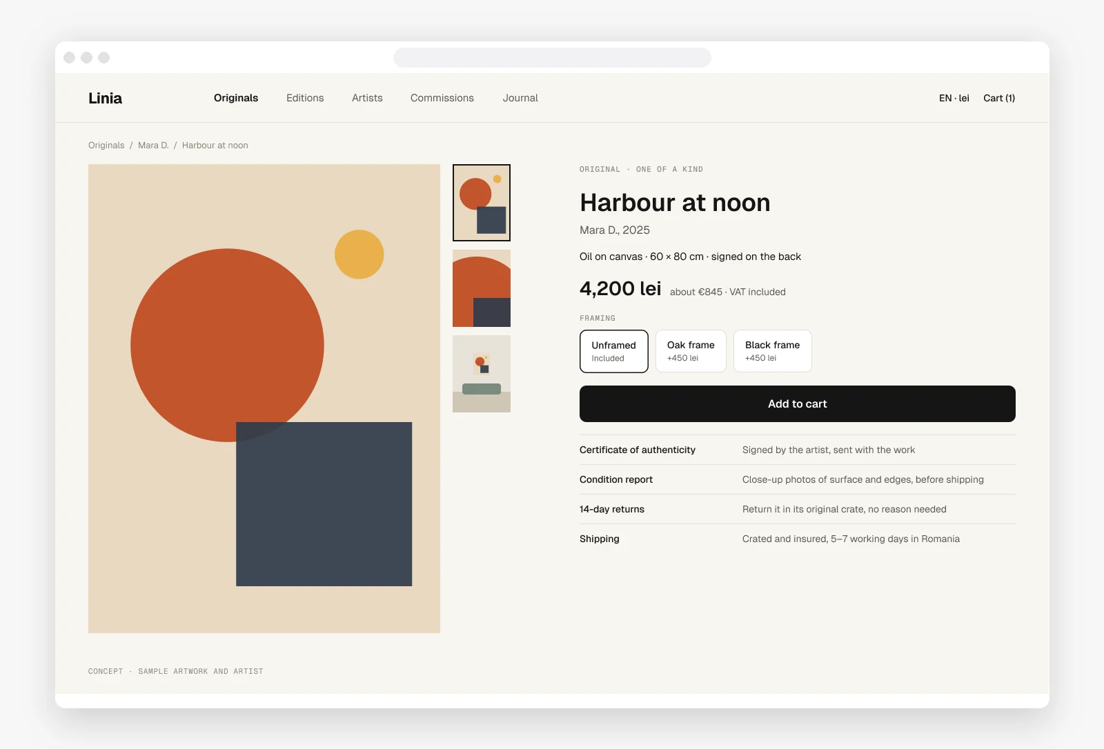 Linia artwork page concept with photos, framing options and trust details