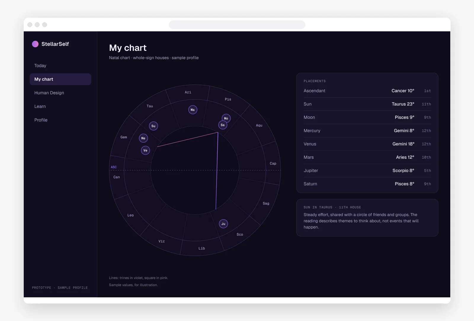 StellarSelf natal chart wheel with placements table and one reading